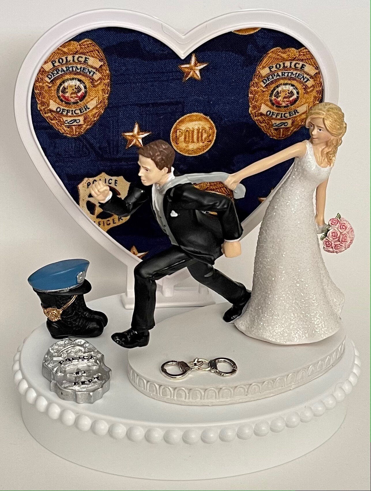 Wedding Cake Topper Police Officer Themed Policeman Badge Boot Handcuffs Law Enforcement Job Fun Bride Groom Funny Bridal Shower Gift Idea