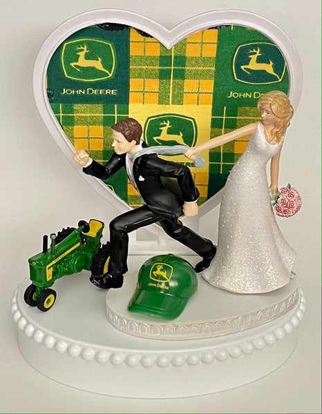 Wedding Cake Topper John Deere Tractor Themed Running Farmer Farming JD Green Farm Cap Humorous Bride and Groom Bridal Shower Gift Idea