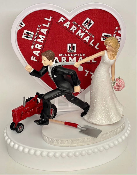 Wedding Cake Topper Farmall Red Tractor Themed McCormick International Harvester IH Farmer Farming Humorous Bride Groom Bridal Shower Gift