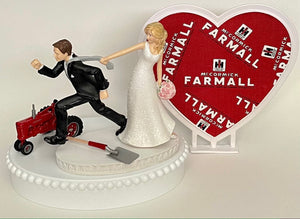 Wedding Cake Topper Farmall Red Tractor Themed McCormick International Harvester IH Farmer Farming Humorous Bride Groom Bridal Shower Gift