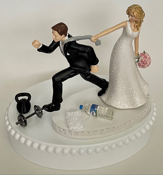 Wedding Cake Topper No Gym Workout Weightlifting For You Humorous Bride Groom Dumbbell Weight Kettlebell Water Bottle Towel Fun Shower Gift
