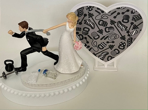 Wedding Cake Topper No Gym Workout Weightlifting For You Humorous Bride Groom Dumbbell Weight Kettlebell Water Bottle Towel Fun Shower Gift