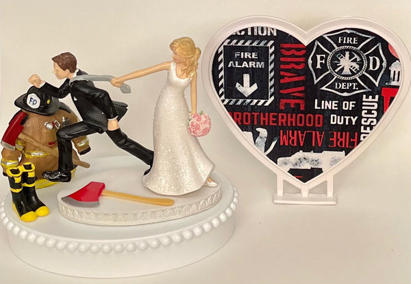 Wedding Cake Topper Firefighter Themed Fireman Firefighter Fire Boots Uniform Axe Job Humorous Bride Groom Funny Bridal Shower Gift Idea