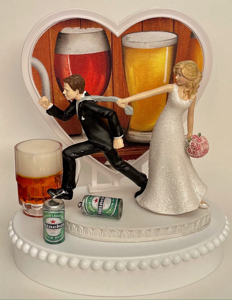 Wedding Cake Topper Heineken Beer Themed Cans Mug Pulling Humorous Bride and Groom Unique OOAK Funny Reception Alcohol Groom's Cake Top