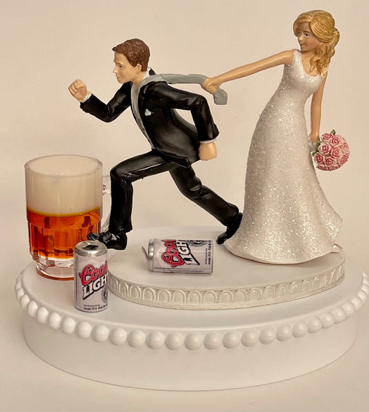 Wedding Cake Topper Coors Light Beer Themed Cans Mug Pulling Humorous Bride and Groom Unique OOAK Funny Reception Alcohol Groom's Cake Top