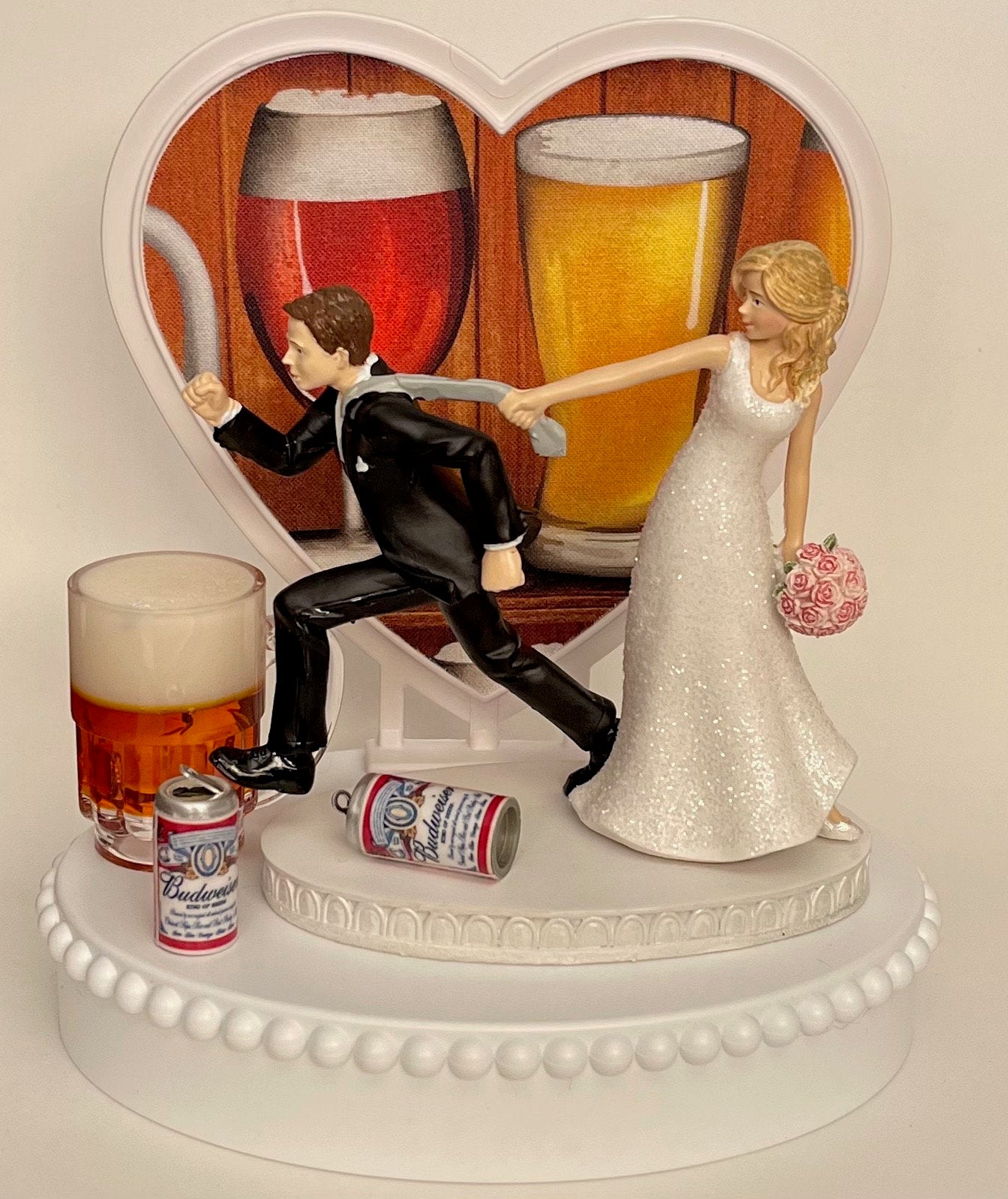 Wedding Cake Topper Budweiser Beer Themed Bud Cans Mug Running Funny Bride and Groom One-of-a-Kind Fun Humorous Reception Groom's Cake Top