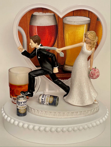 Wedding Cake Topper Corona Extra Beer Themed Cans Mug Running Bride Groom Unique One-of-a-Kind Funny Humorous Reception Groom's Cake Top