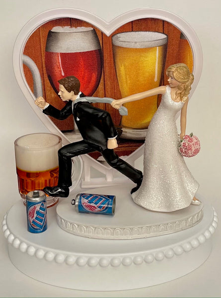 Wedding Cake Topper Miller Lite Beer Themed Cans Mug Running Funny Bride Groom One-of-a-Kind Reception Alcoholic Beverage Groom's Cake Top