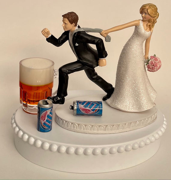 Wedding Cake Topper Miller Lite Beer Themed Cans Mug Running Funny Bride Groom One-of-a-Kind Reception Alcoholic Beverage Groom's Cake Top