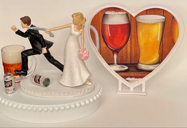 Wedding Cake Topper Schlitz Beer Themed Cans Mug Running Fun Bride Groom One-of-a-Kind Reception Alcoholic Beverage Funny Groom's Cake Top