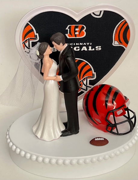Wedding Cake Topper Cincinnati Bengals Football Themed Pretty Short-Haired Bride Groom Sports Fans Unique Reception Bridal Shower Gift Idea