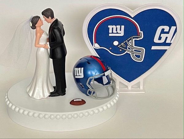 Wedding Cake Topper New York Giants Football Themed Pretty Short-Haired Bride Groom Sports Fans Unique Reception Bridal Shower Gift Idea