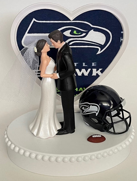 Wedding Cake Topper Seattle Seahawks Football Themed Pretty Short-Haired Bride Groom Sports Fans Unique Reception Bridal Shower Gift Idea