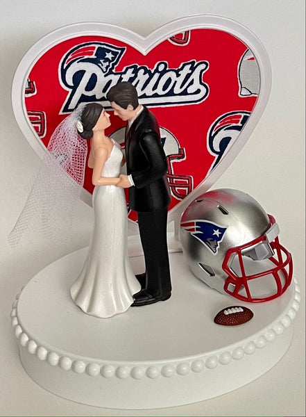 Wedding Cake Topper New England Patriots Football Themed Beautiful Short-Haired Bride Groom One-of-a-Kind Sports Fan Cake Top Shower Gift