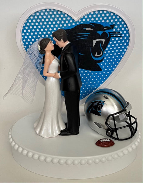 Wedding Cake Topper Carolina Panthers Football Themed Beautiful Short-Haired Bride and Groom One-of-a-Kind Sports Fan Cake Top Shower Gift