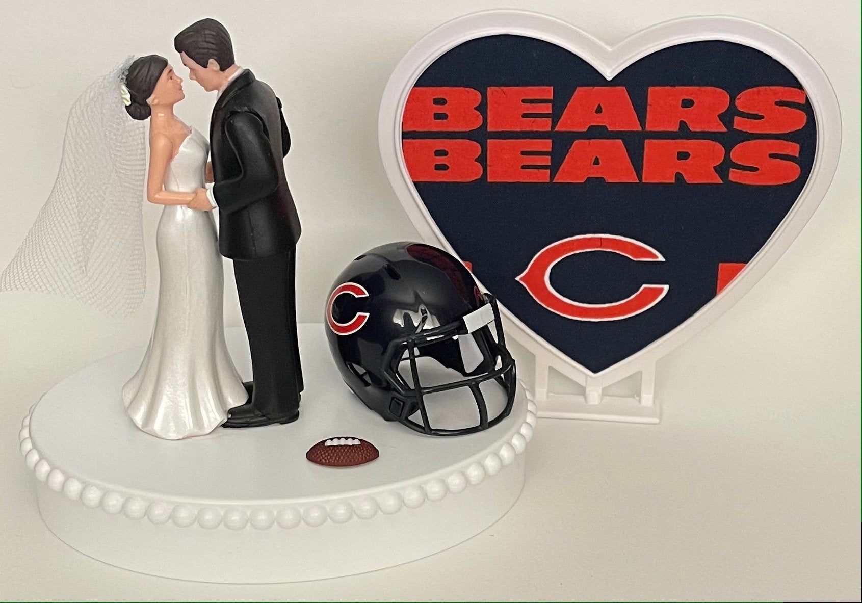 Wedding Cake Topper Chicago Bears Football Themed Beautiful Short-Haired Bride and Groom One-of-a-Kind Sports Fan Cake Top Shower Gift