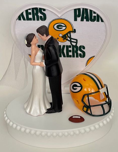 Wedding Cake Topper Green Bay Packers Football Themed Beautiful Short-Haired Bride and Groom One-of-a-Kind Sports Fan Cake Top Shower Gift