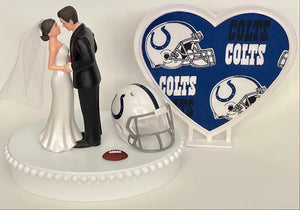 Wedding Cake Topper Indianapolis Colts Football Themed Beautiful Short-Haired Bride and Groom One-of-a-Kind Sports Fan Cake Top Shower Gift