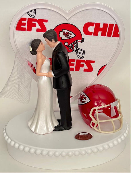 Wedding Cake Topper Kansas City Chiefs Football Themed Beautiful Short-Haired Bride and Groom One-of-a-Kind Sports Fan Cake Top Shower Gift