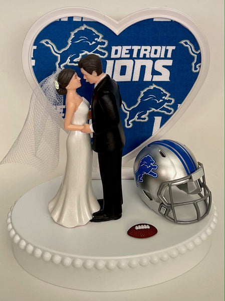 Wedding Cake Topper Detroit Lions Football Themed Beautiful Short-Haired Bride and Groom One-of-a-Kind Sports Fan Cake Top Shower Gift