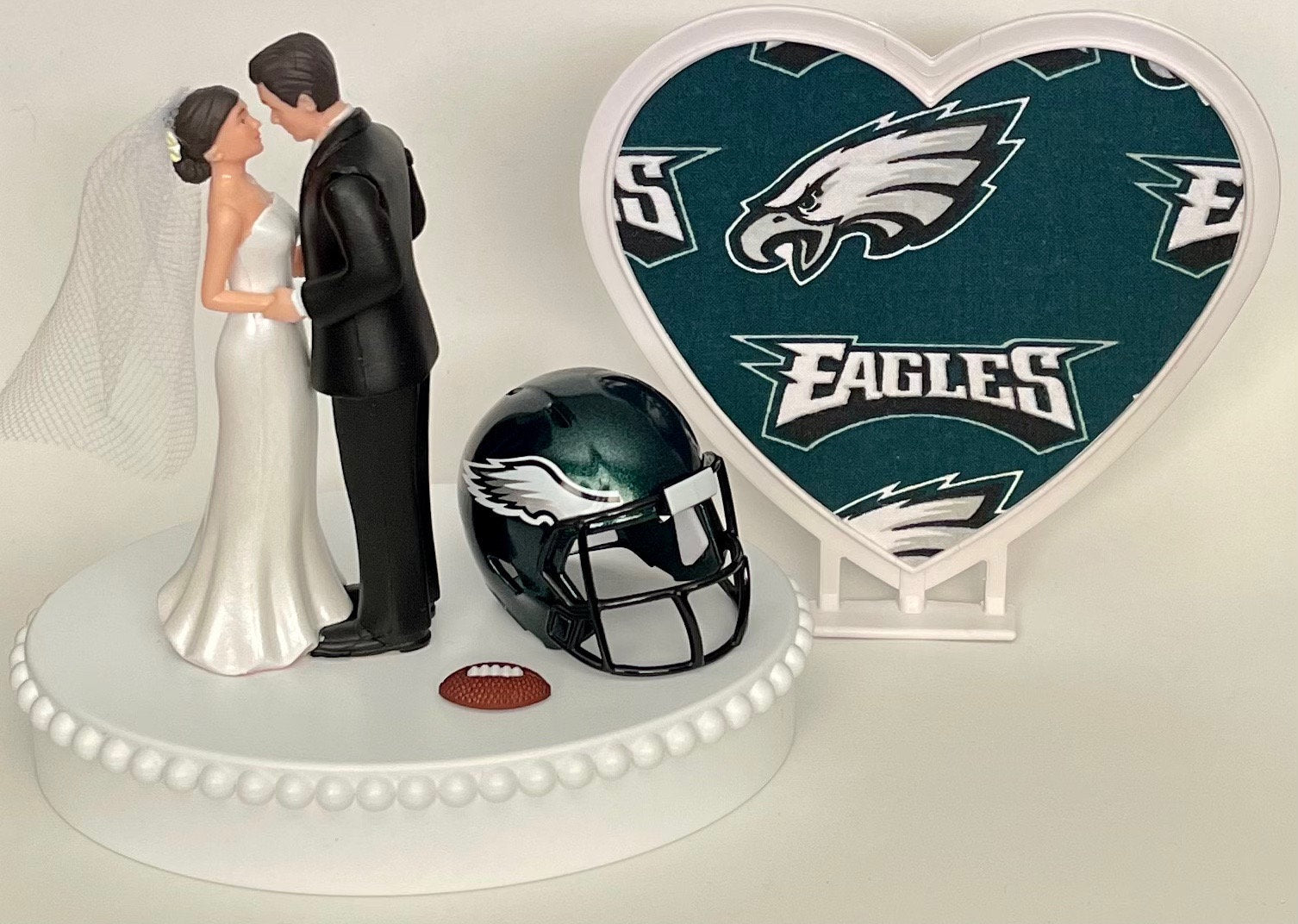 Wedding Cake Topper Philadelphia Eagles Football Themed Beautiful Short-Haired Bride and Groom One-of-a-Kind Sports Fan Cake Top Shower Gift