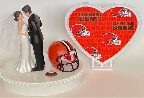 Wedding Cake Topper Cleveland Browns Football Themed Beautiful Short-Haired Bride and Groom One-of-a-Kind Sports Fan Cake Top Shower Gift