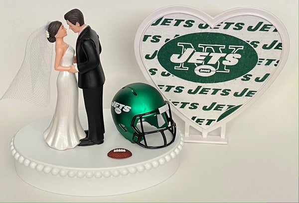 Wedding Cake Topper New York Jets Football Themed Beautiful Short-Haired Bride and Groom One-of-a-Kind Sports Fan Cake Top Shower Gift
