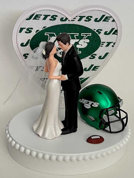 Wedding Cake Topper New York Jets Football Themed Beautiful Short-Haired Bride and Groom One-of-a-Kind Sports Fan Cake Top Shower Gift
