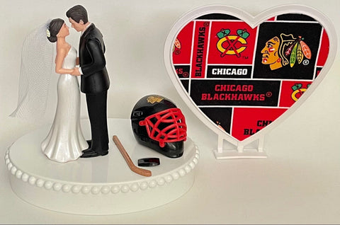 Wedding Cake Topper Chicago Blackhawks Hockey Themed Pretty Short-Haired Bride and Groom Unique Sports Fans Groom's Cake Top Reception Gift