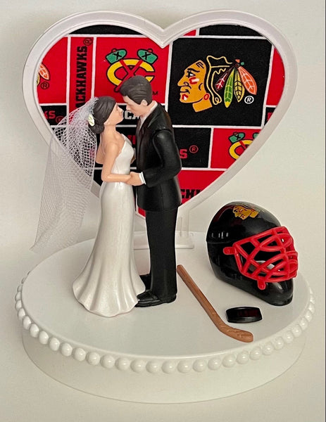 Wedding Cake Topper Chicago Blackhawks Hockey Themed Pretty Short-Haired Bride and Groom Unique Sports Fans Groom's Cake Top Reception Gift