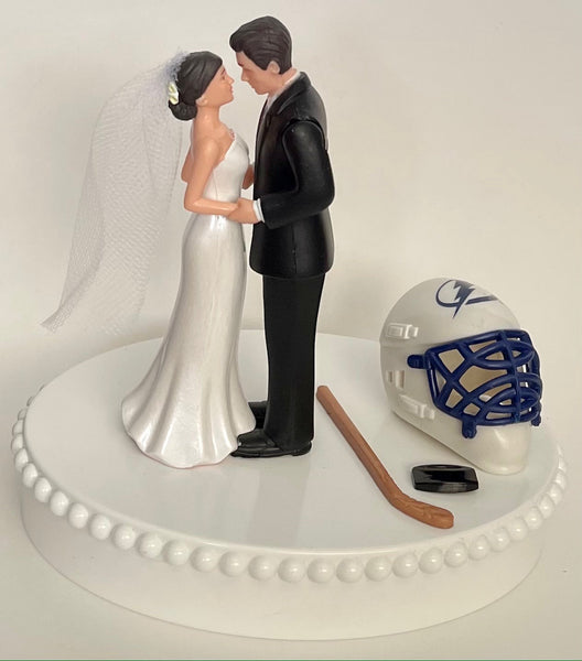Wedding Cake Topper Tampa Bay Lightning Hockey Themed Pretty Short-Haired Bride and Groom Unique Sports Fans Groom's Cake Top Reception Gift