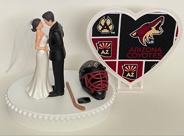 Wedding Cake Topper Arizona Coyotes Hockey Themed Pretty Short-Haired Bride and Groom Unique Sports Fans Groom's Cake Top Reception Gift