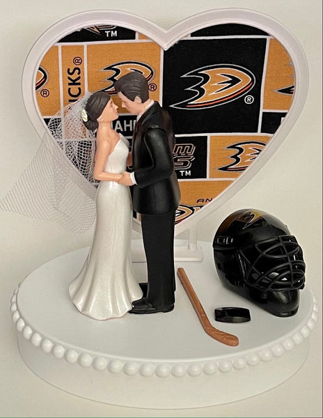 Wedding Cake Topper Anaheim Ducks Hockey Themed Short-Haired Bride and Groom Beautiful Wedding Reception Shower Gift Item Sports Fan Fun
