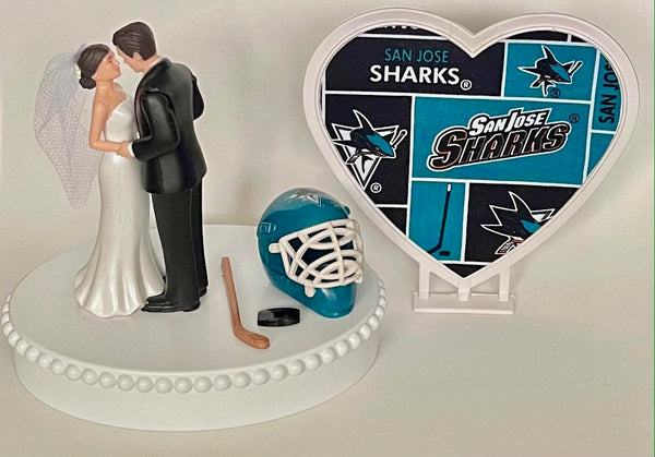 Wedding Cake Topper San Jose Sharks Hockey Themed Short-Haired Bride and Groom Beautiful Wedding Reception Shower Gift Item Sports Fan Fun