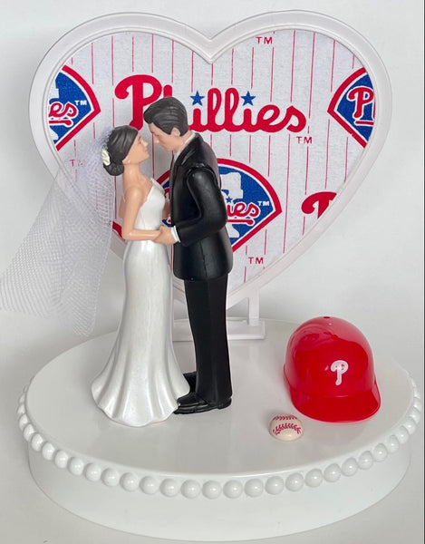 Wedding Cake Topper Philadelphia Phillies Baseball Themed Short-Haired Bride Groom Pretty Heart Sports Fans Fun Unique Shower Reception Gift