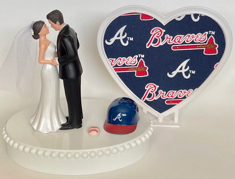 Wedding Cake Topper Atlanta Braves Baseball Themed Short-Haired Bride and Groom Pretty Heart Sports Fans Fun Unique Shower Reception Gift