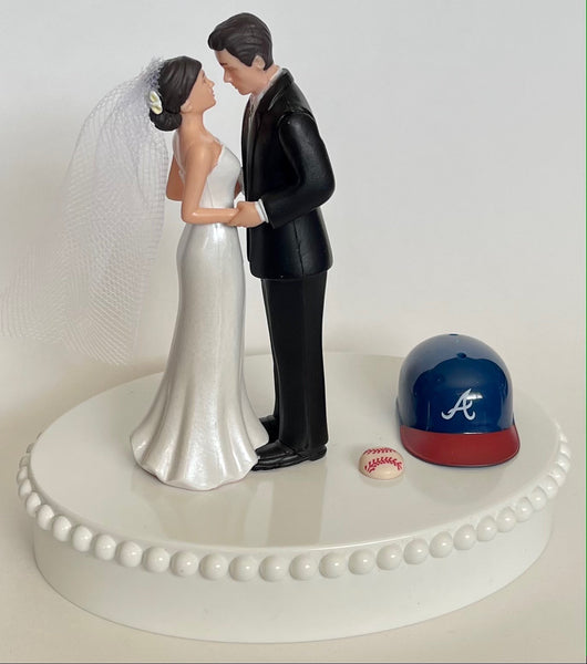 Wedding Cake Topper Atlanta Braves Baseball Themed Short-Haired Bride and Groom Pretty Heart Sports Fans Fun Unique Shower Reception Gift
