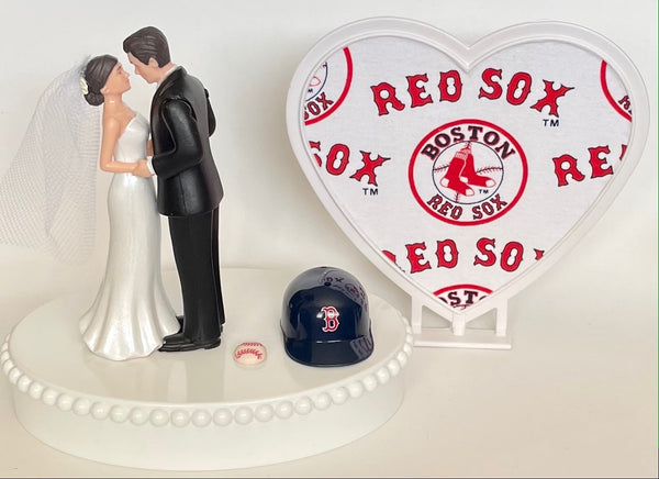 Wedding Cake Topper Boston Red Sox Baseball Themed Short-Haired Bride and Groom Pretty Heart Sports Fans Fun Unique Shower Reception Gift
