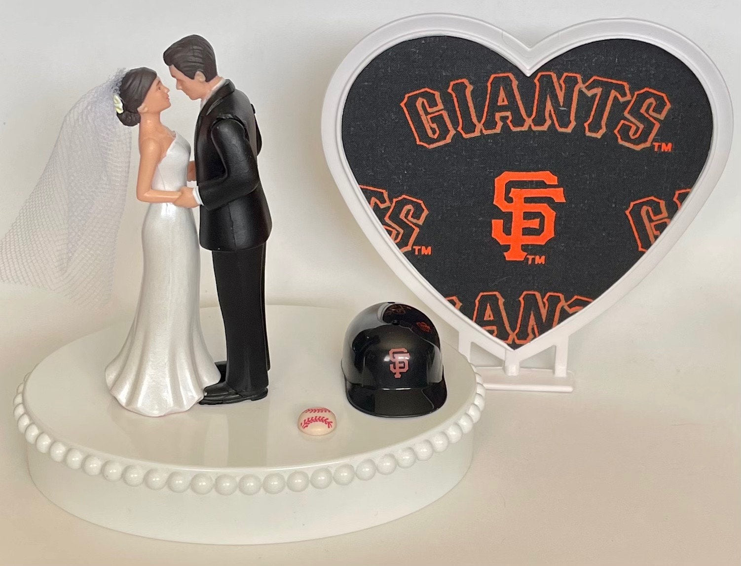 Wedding Cake Topper San Francisco Giants Baseball Themed Short-Haired Bride Groom Pretty Heart Sports Fans Fun Unique Shower Reception Gift