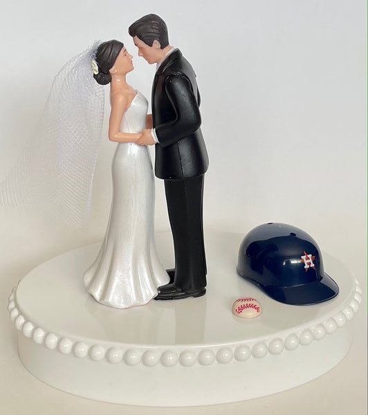 Wedding Cake Topper Houston Astros Baseball Themed Short-Haired Bride and Groom Pretty Heart Sports Fans Fun Unique Shower Reception Gift