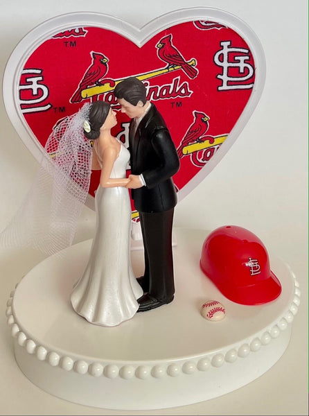 Wedding Cake Topper St. Louis Cardinals Baseball Themed Short-Haired Bride Groom Pretty Heart Sports Fans Fun Unique Shower Reception Gift