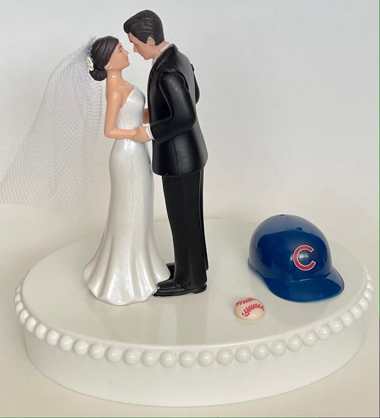 Wedding Cake Topper Chicago Cubs Baseball Themed Short-Haired Bride and Groom Pretty Heart Sports Fans Fun Unique Shower Reception Gift