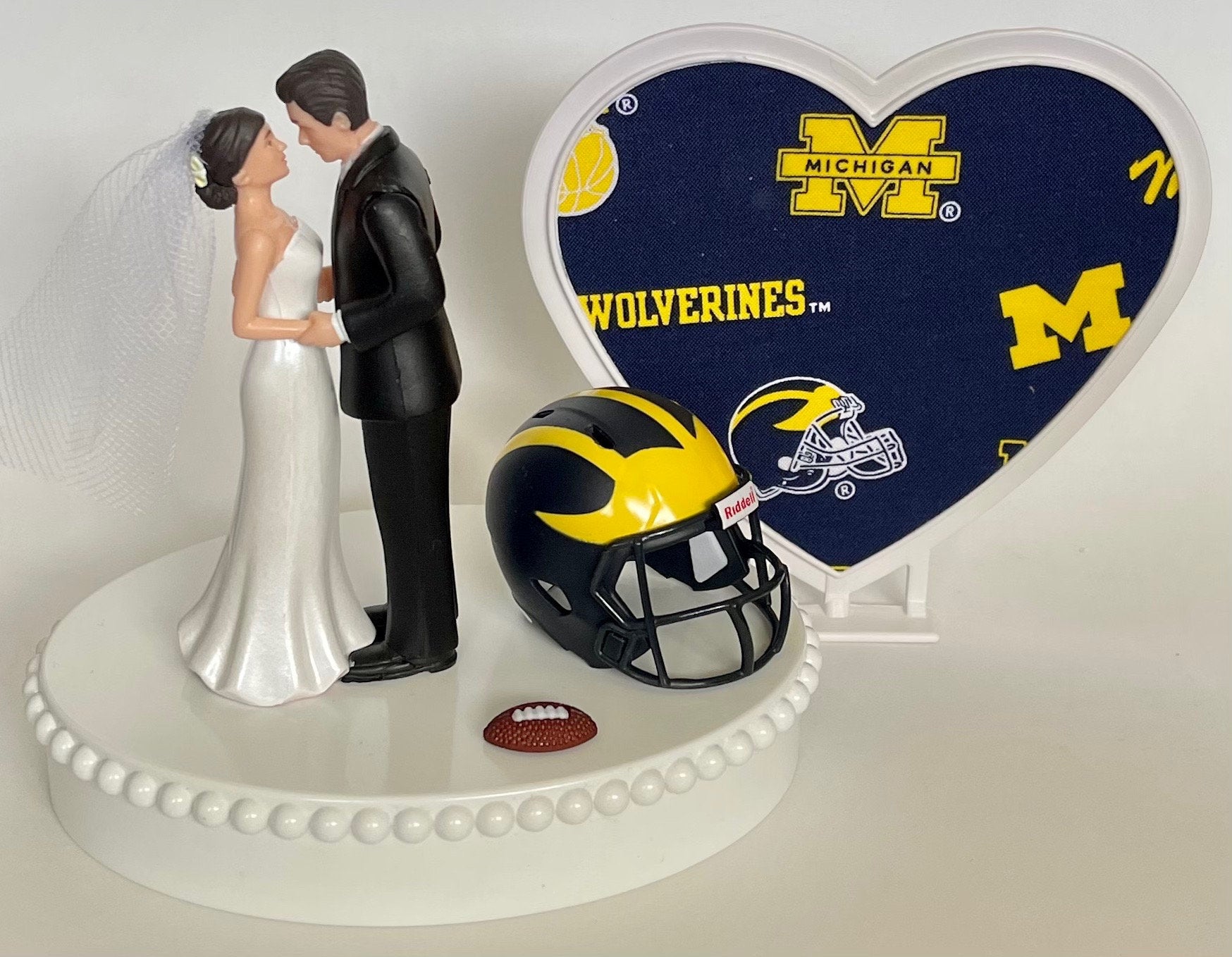 Wedding Cake Topper Michigan Wolverines Football Themed Beautiful Short-Haired Bride and Groom One-of-a-Kind Sports Fan Cake Top Shower Gift