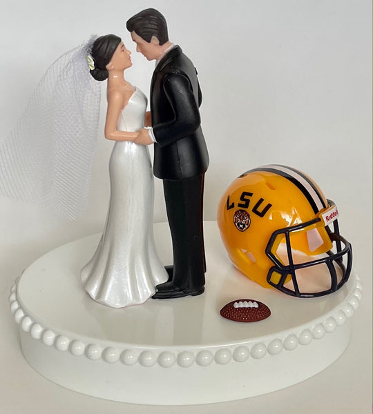 Wedding Cake Topper LSU Tigers Louisiana Football Themed Beautiful Short-Haired Bride Groom One-of-a-Kind Sports Fan Cake Top Shower Gift