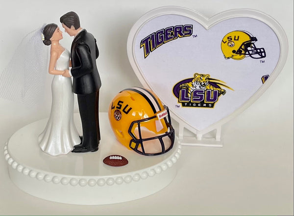 Wedding Cake Topper LSU Tigers Louisiana Football Themed Beautiful Short-Haired Bride Groom One-of-a-Kind Sports Fan Cake Top Shower Gift