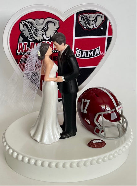 Wedding Cake Topper Alabama Crimson Tide Football Themed Beautiful Short-Haired Bride Groom One-of-a-Kind Sports Fan Cake Top Shower Gift