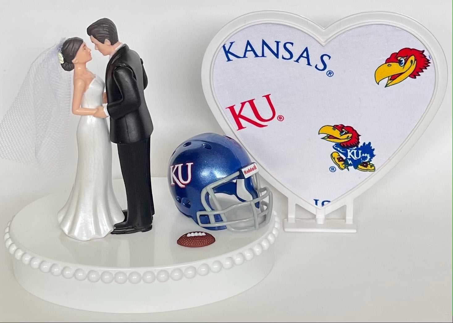 Wedding Cake Topper Kansas Jayhawks Football Themed Beautiful Short-Haired Bride and Groom One-of-a-Kind Sports Fan Cake Top Shower Gift