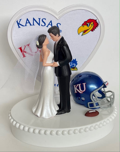 Wedding Cake Topper Kansas Jayhawks Football Themed Beautiful Short-Haired Bride and Groom One-of-a-Kind Sports Fan Cake Top Shower Gift