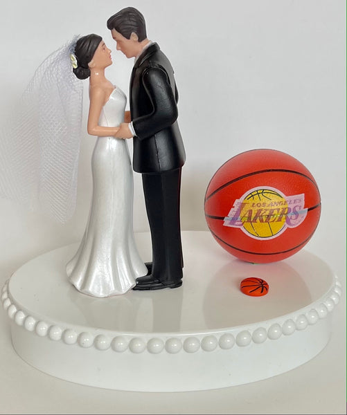 Wedding Cake Topper Los Angeles Lakers Basketball Themed Short-Haired Bride Groom Pretty Heart Sports Fans Fun Unique Shower Reception Gift