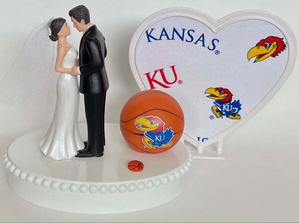 Wedding Cake Topper Kansas Jayhawks Basketball Themed Short-Haired Bride and Groom Beautiful KU Hoops Heart Sports Fans Fun Unique Gift